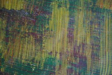 Obraz premium Abstract yellow acrylic paint splatter on turquoise paint surface, Colorful messy paint splash textured background, Distressed mixed color pattern strokes backdrop