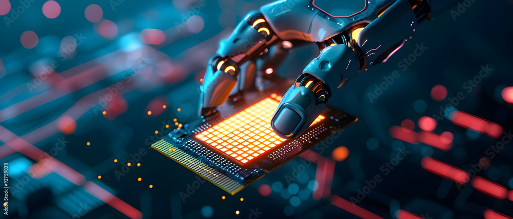 Leinwandbilder close-up of a robotic hand holding a glowing microchip, symbolizing advanced technology, artificial 