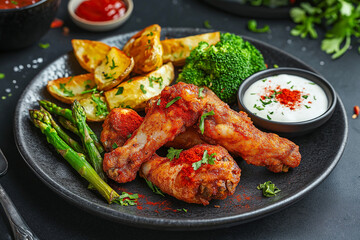 Fototapeta premium Juicy breaded fried Chicken wings with white sauce and red seasoning powder sprinkled, asparagus, broccoli, potato wedges, ketchup,