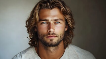 Obraz premium Relaxed and Effortlessly Cool Long Haired Man in Stylish Portrait