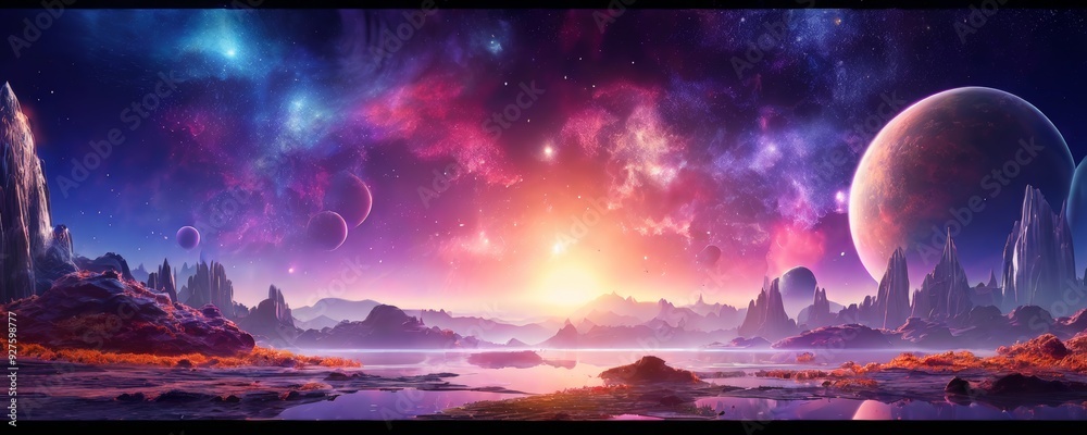 Poster space scene with planets and