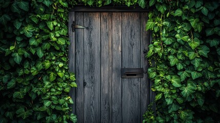 Dark wooden door framed by green ivy leaves.
