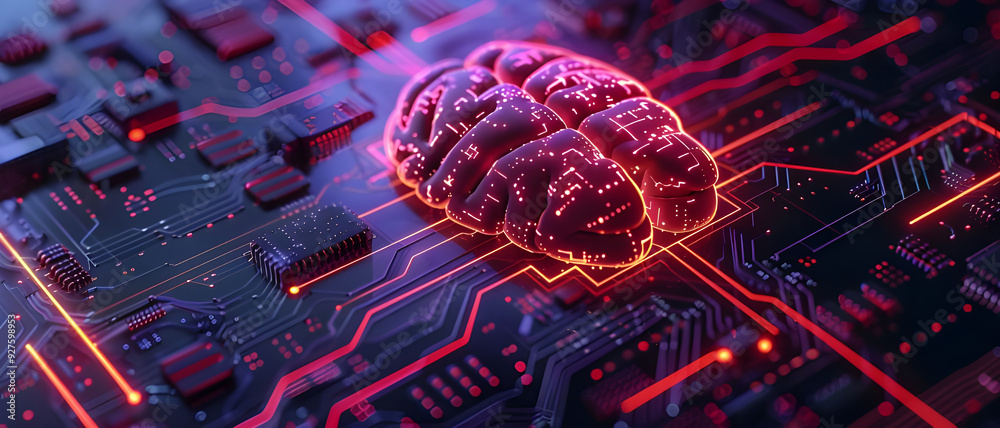 Leinwandbilder A glowing artificial brain integrated with a circuit board, symbolizing the fusion of AI technology and advanced computing.