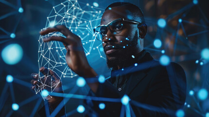 A scientist analyzes a 3D representation of a brain using holographic technology in a dimly lit lab