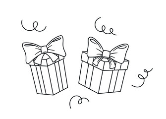 Cute Doodle Style Birthday Gift Boxes With Bows And Ribbons Create A Festive Feel. Vector Doodle Illustration