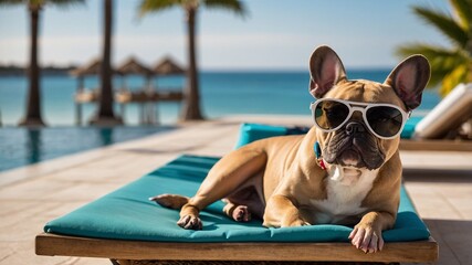 Dog lying on a sun lounger on the beach. Traveling with animals, vacation at the resort, pet friendly resort