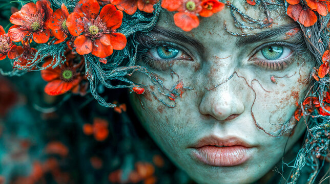 Portrait rapproch&eacute; d'une fille aux yeux verts avec une couronne de fleurs rouges