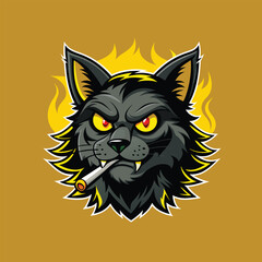 Black cat smoking mascot logo cigarette in cat mouth vector design icon