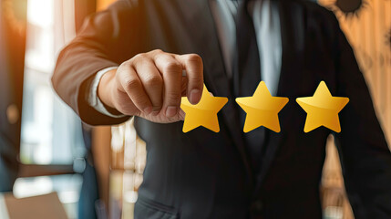 A man in a suit rates a service with three yellow stars in a well-lit office environment