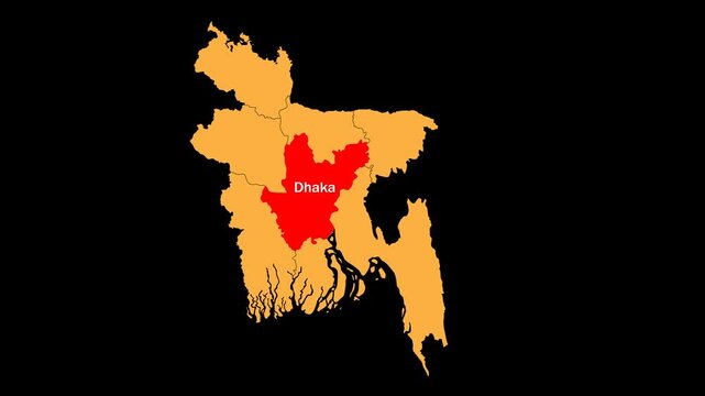 Dhaka map animated video. Location is highlighted on the Bangladesh map. Color with a transparent PNG background in video format.	