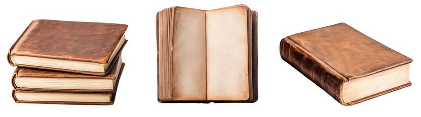 Obraz premium Vintage books with leathery covers and yellowed pages, perfect for education, reading, and historical themes. Isolated on a white background.