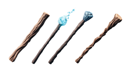 Four magic wands with intricate designs, glowing tips, and unique carvings, perfect for fantasy-themed projects and role-playing games.