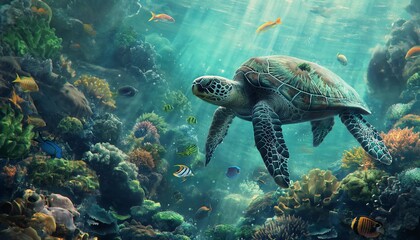 AI generator image of Nemo fish, several clown fish, are swimming on coral and white anemones. The blue sea water is clear and clean.deep blue sea	