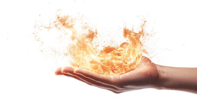 A close-up of a human hand holding a blazing flame, symbolizing power, magic, and energy. Isolated on a transparent background.