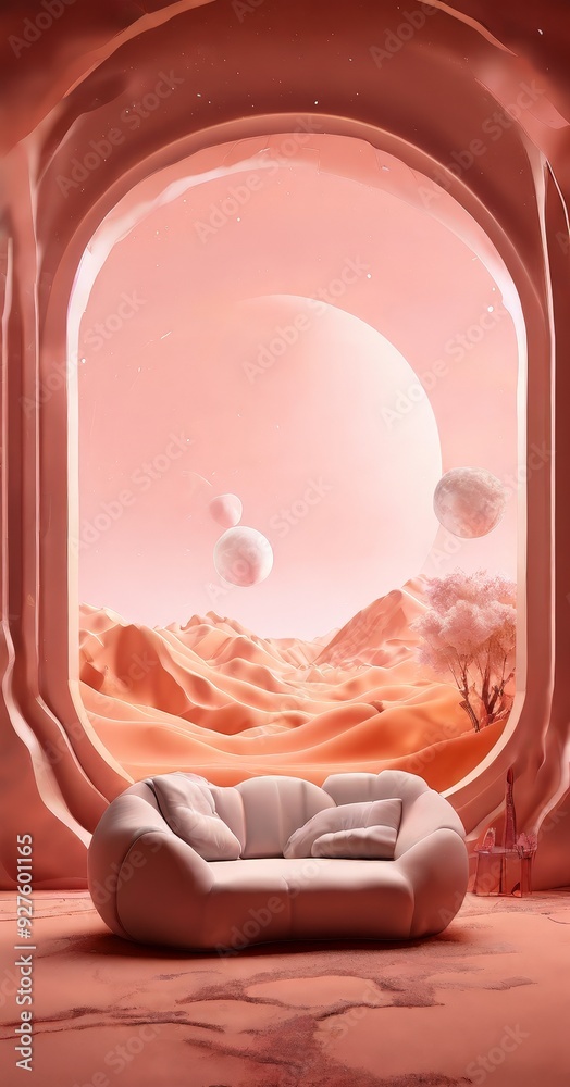 Poster couch in desert with view the moon