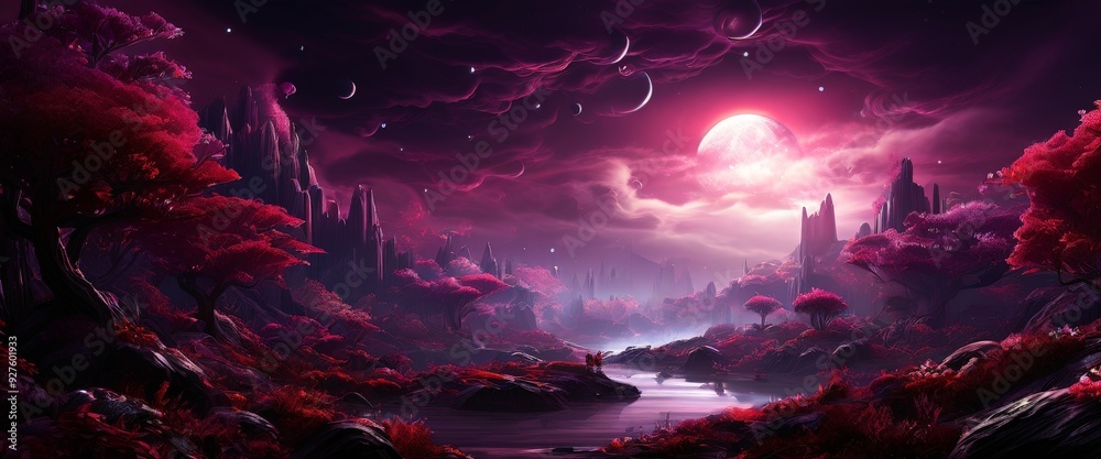 Poster dark forest with bright red moon in the background