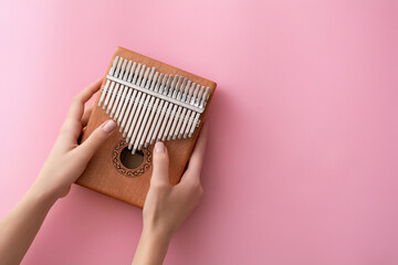 Female hands with a kalimba on a pink background. Flat lay