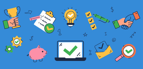 Fototapeta premium Line art outline business start up award success isolated icons set. Vector graphic design illustration element