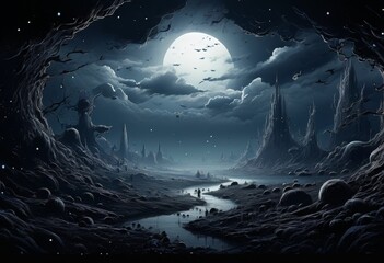 dark cave with full moon and river