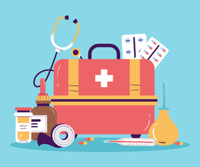 First aid kit and medication composition concept. Vector graphic design illustration element