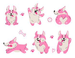 Pink welsh corgi dog cute puppy pet sticker line art concept set. Vector graphic design illustration element