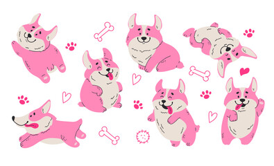 Pink welsh corgi dog cute puppy pet sticker line art concept set. Vector graphic design illustration element