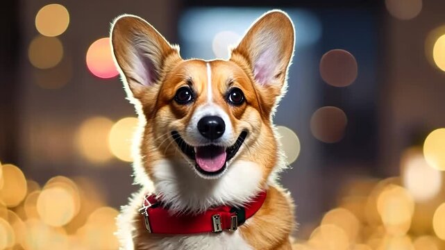 Christmas corgi dog on festive christmas light bokeh street background 