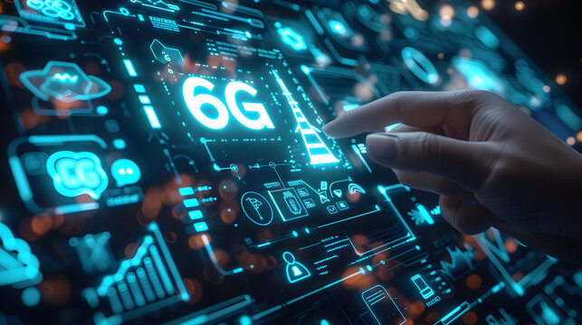 a human hand interacts with a holographic interface that depicts the advanced capabilities of 6G technology