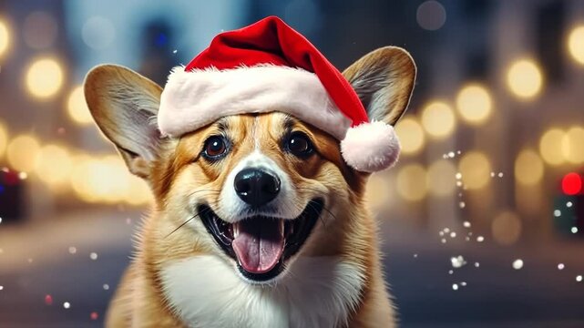 Christmas corgi dog on festive christmas light bokeh street background 