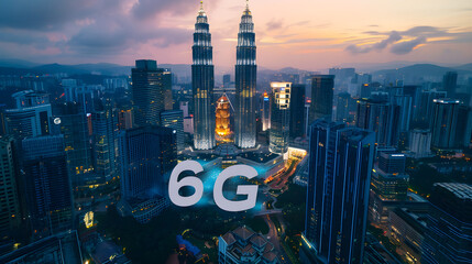 urban innovation, a city skyline at dusk is overlaid with the bold, semi-transparent text "6G."