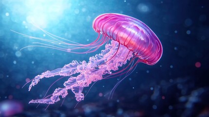 Bright pink jellyfish swims in sea water.