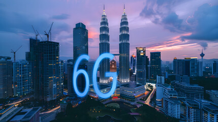urban innovation, a city skyline at dusk is overlaid with the bold, semi-transparent text "6G."