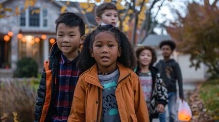 Fototapeta premium A multicultural group of kids trick-or-treating together.