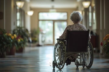 Elderly Woman in Wheelchair in Corridor