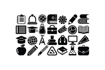 Obraz premium Black & white minimalist icons set for education, graduation, and learning tools, perfect for infographics and designs.