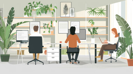 Three professionals work diligently in a contemporary office surrounded by greenery