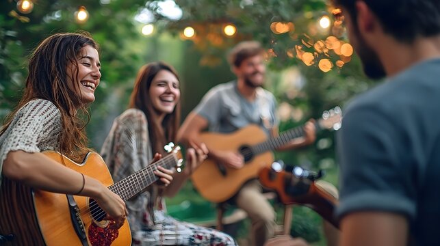 Joyful friends playing music together at a backyard party,social lifestyle and lively atmosphere