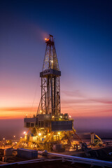 onshore drilling site at dawn, with drilling equipment outlined against the early morning light