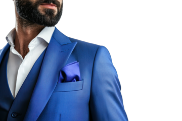 Elegant man in a tailored blue suit with a stylish pocket square, exuding confidence and sophistication in a modern setting.
