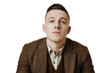 A confident man in a stylish brown suit, showcasing modern fashion and professionalism.