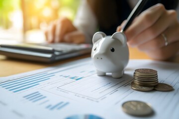 Financial Planning for a Secure Future: A woman meticulously calculates her budget, a piggy bank symbolizing savings goals amidst financial documents and coins. 