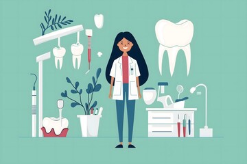 The Dentist's Domain: A friendly female dentist welcomes you with a warm smile, surrounded by her tools of the trade in this inviting illustration of dental care. 