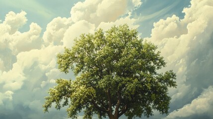 A beautiful painting of a tree with lush green leaves set against a cloudy sky, capturing the essence of nature's beauty.