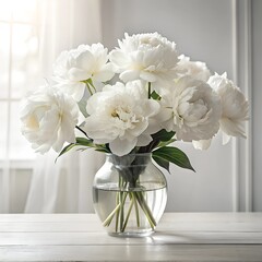 White peonies in a transparent vase on a white table in a white interior, monochrome, fashion magazine on the table.