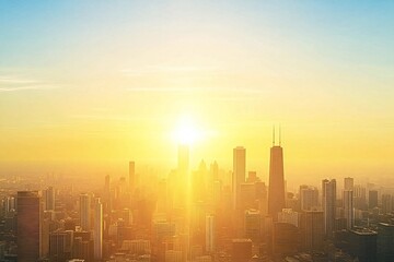 Downtown chicago skyline is bathed in golden light as the sun rises on a new day