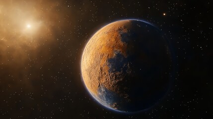 Obraz premium A red planet with a sun in the distance and a starry sky.