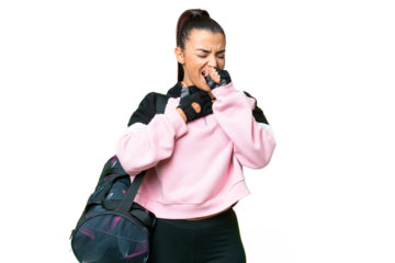 Young sport woman with sport bag over isolated chroma key background is suffering with cough and feeling bad