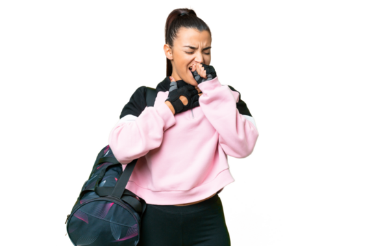 Young sport woman with sport bag over isolated chroma key background is suffering with cough and feeling bad