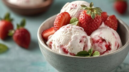 A bowl of homemade ice cream with juicy strawberries on top, highlighting the vibrant colors and delicious textures of the dessert.