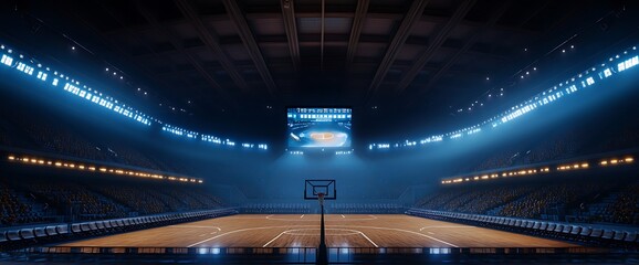 Empty basketball court in a dark stadium with bright lights and a scoreboard.